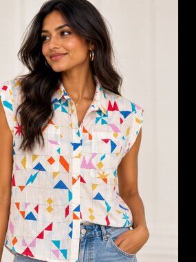 Fate Geometric Print Button Front Sleeveless Top Size M Cream Multi EUC